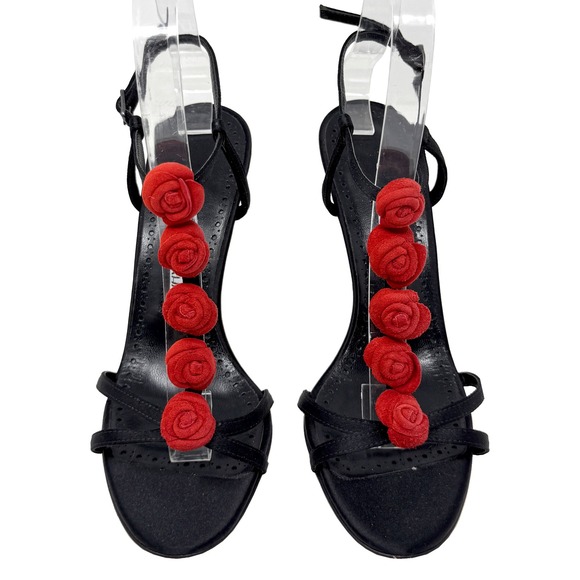 Manolo Blahnik Shoes - Manolo Blahnik Black Satin Stiletto Sandals Red Rose Embellishment Size 37.5